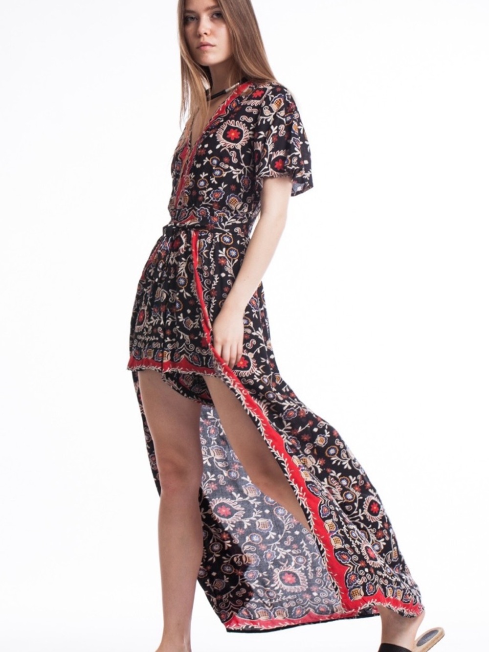 Angie’s Size small Black Floral Split Maxi Dress with Red Trimu
